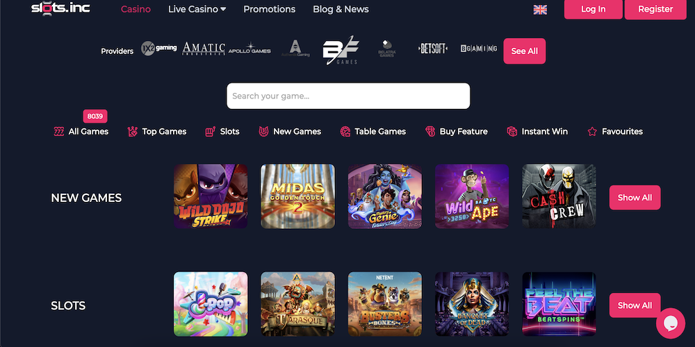 Review about Slots.inc Casino Game Selection